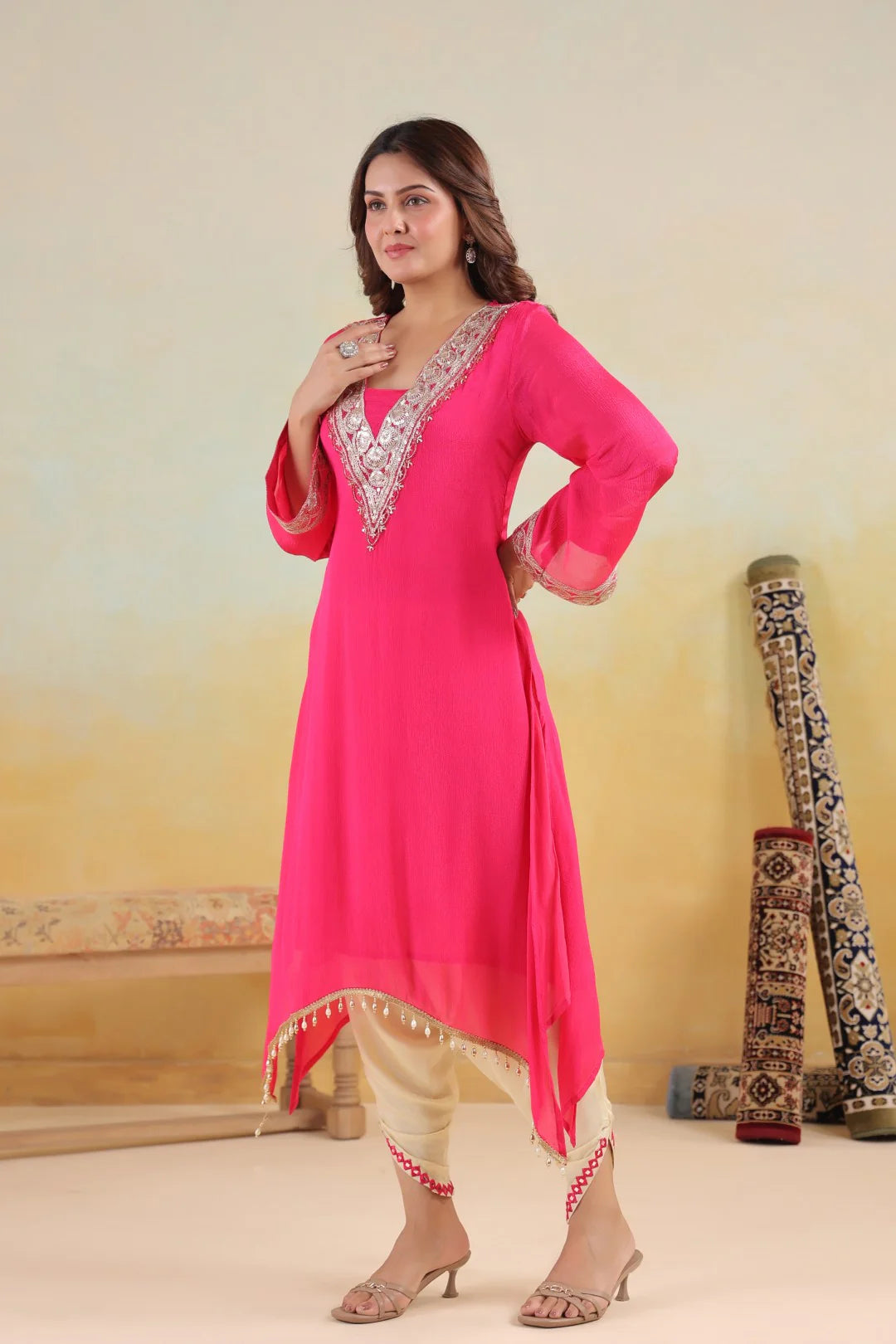 Rosy Embroidered Chinon Kurta Pant Set