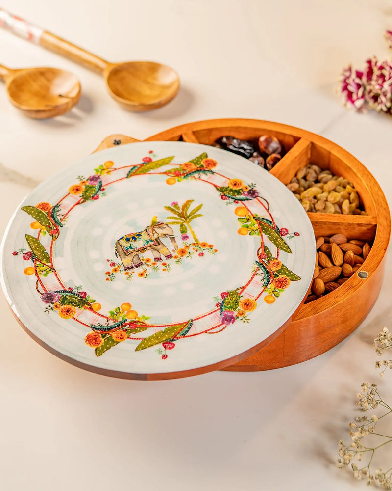 Round Elephant Mango Wood Spice & Dry Fruit Box