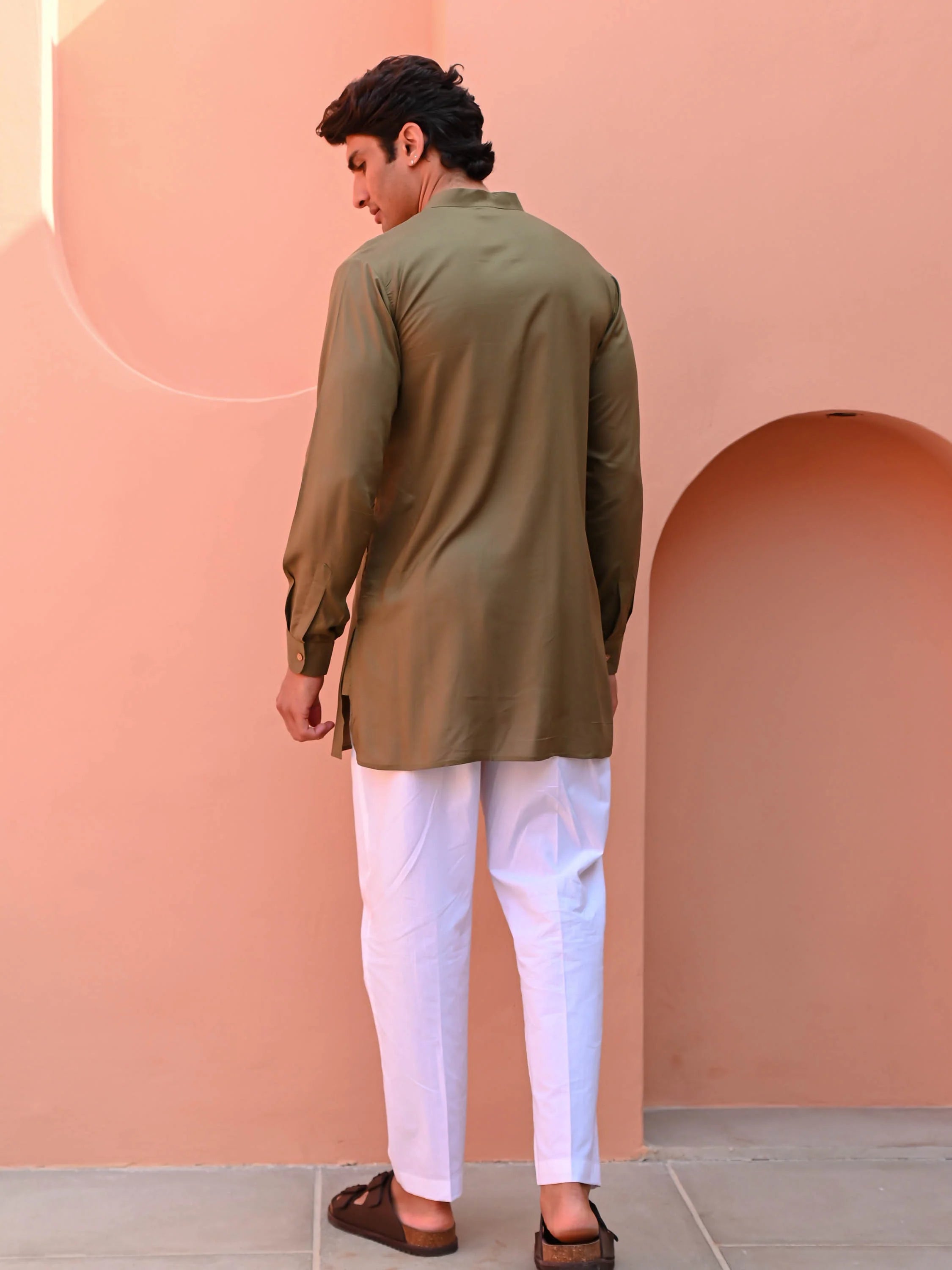 Rust Olive Men Short Kurta