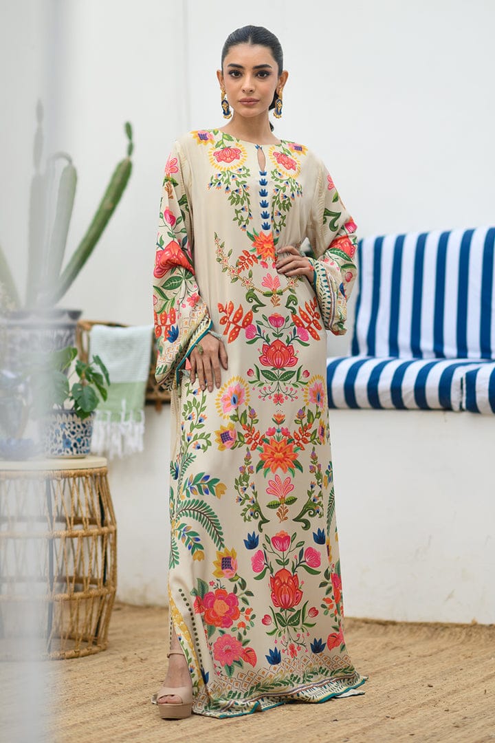Ivory Blue Floral Printed Kaftan Dress