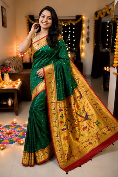 Semi-Silk Paithani Saree with Copper Zari Peacock Pallu