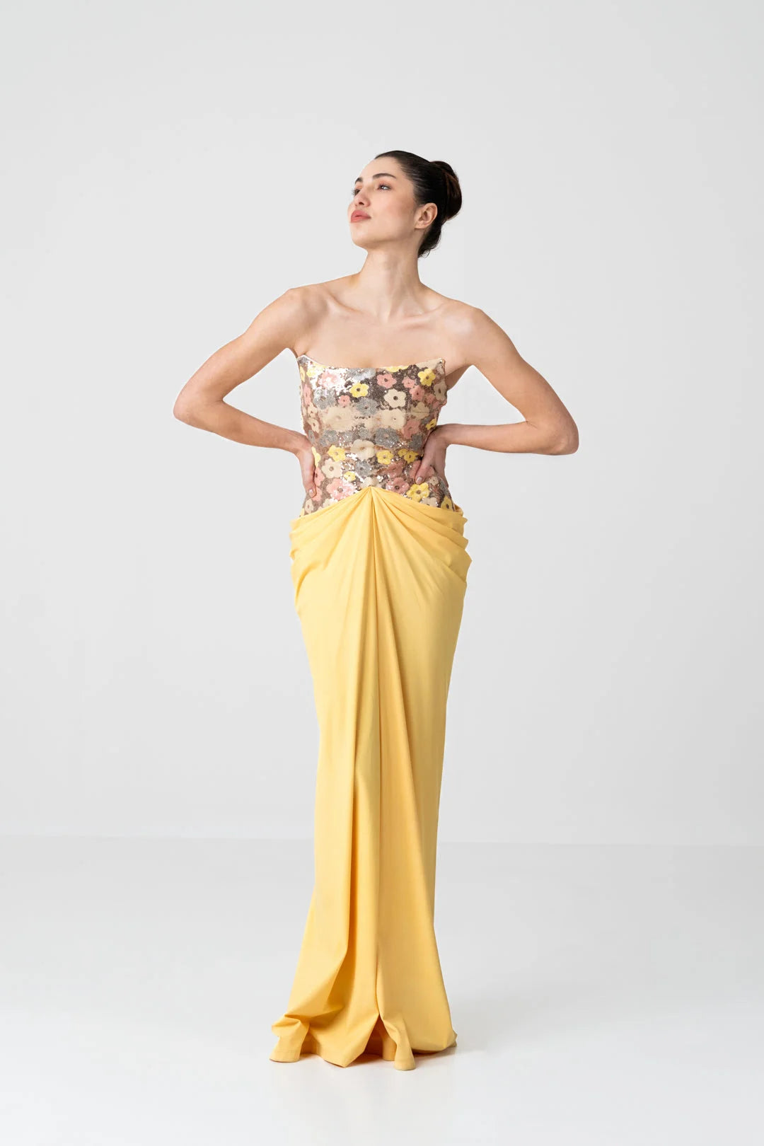 Golden Bloom Sequin Draped Gown