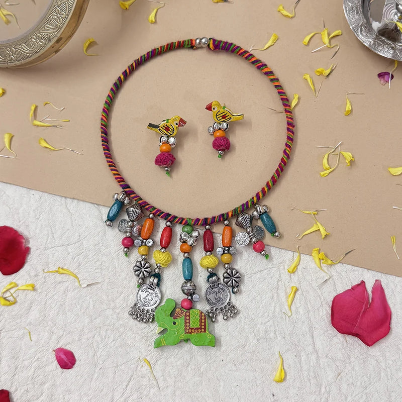 Handcrafted Elephant Pendant Necklace Set with Bird Earrings