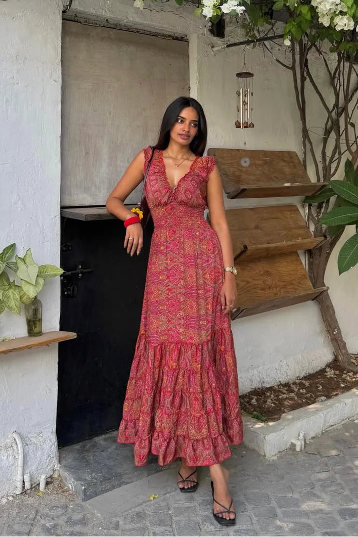 Women's Handcrafted Viscose Silk Smocked Maxi Dress