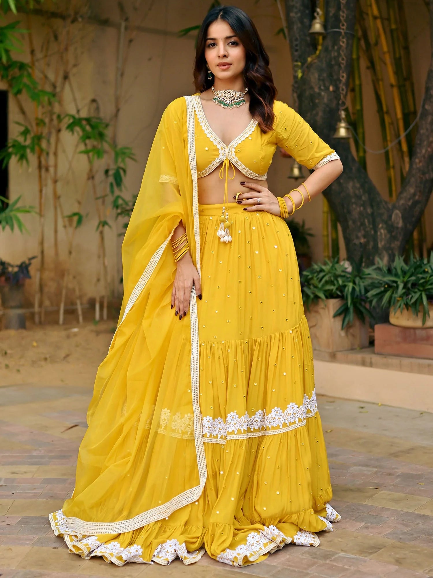 Yellow Organza Mirror Lehenga Set