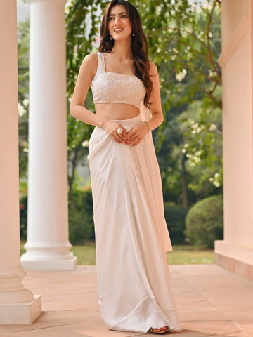 White Georgette Handwork Skirt Top Set