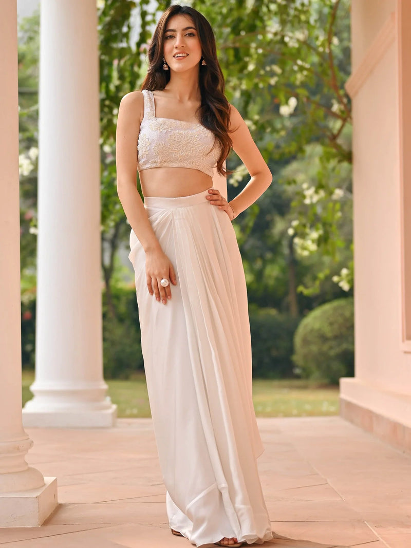 White Georgette Handwork Skirt Top Set