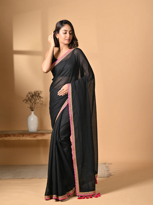 Black Zari Mulmul Cotton Saree 1080