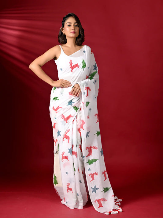 White Mulmul Cotton Saree 1080