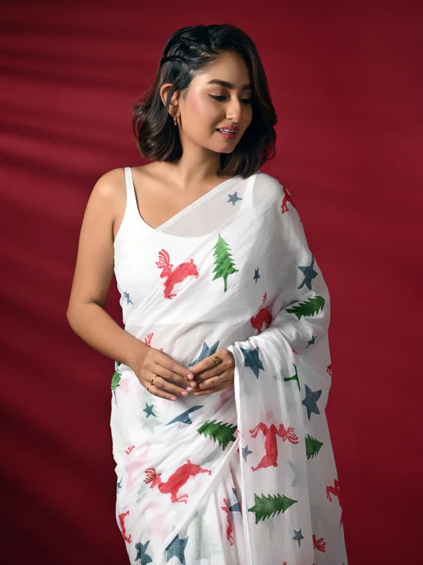 White mulmul cotton saree