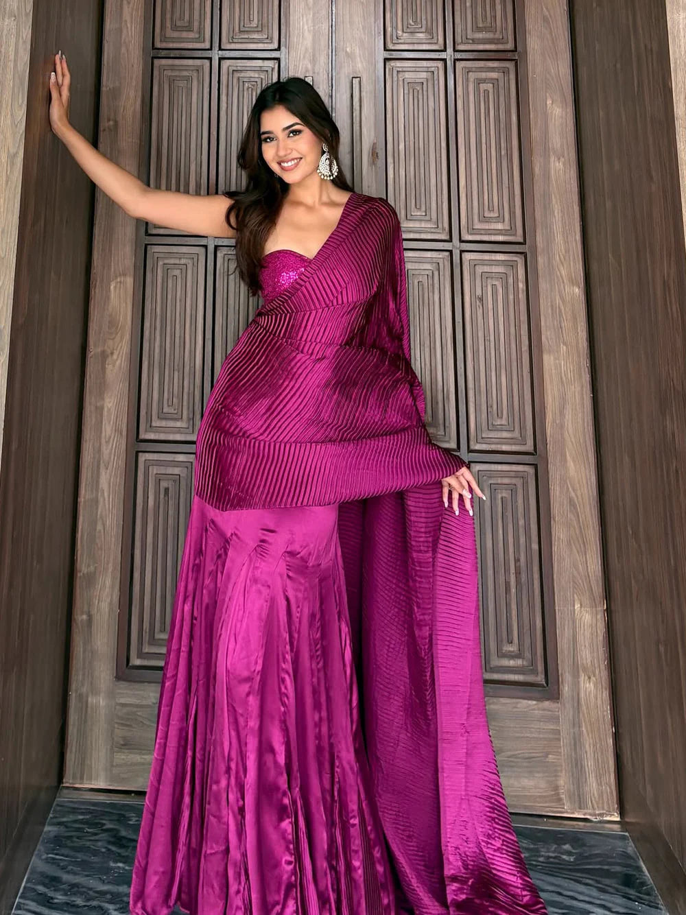 Satin Pink Embellished Pleated Saree