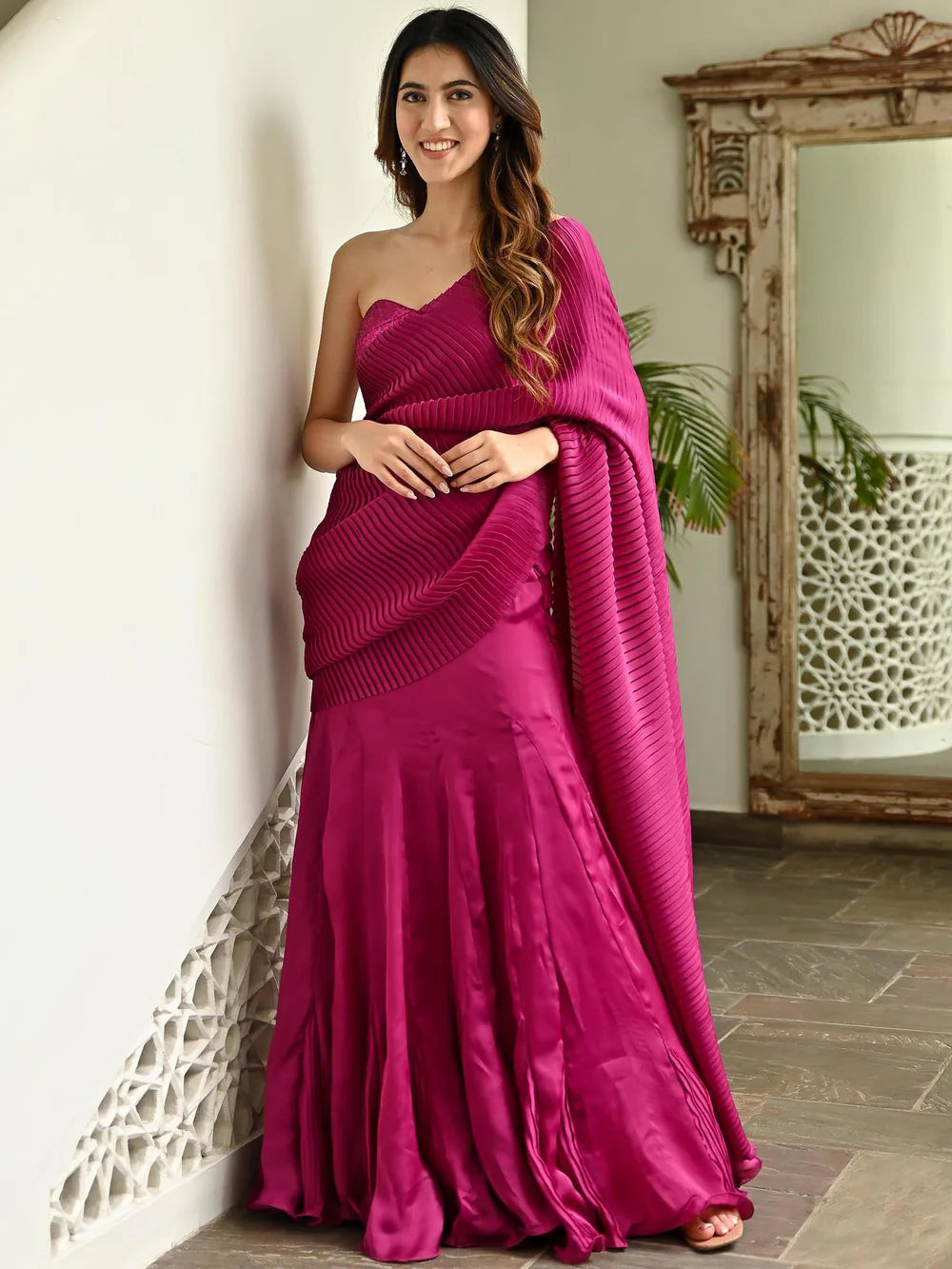 Satin Pink Embellished Pleated Saree