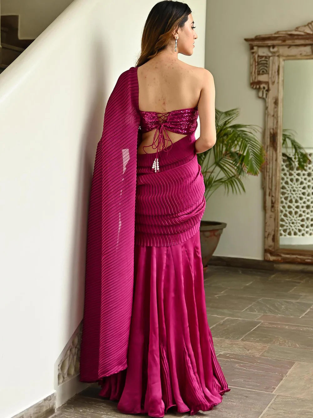 Satin Pink Embellished Pleated Saree
