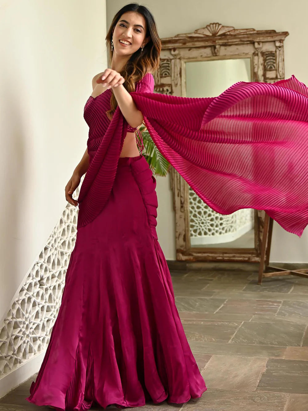 Satin Pink Embellished Pleated Saree