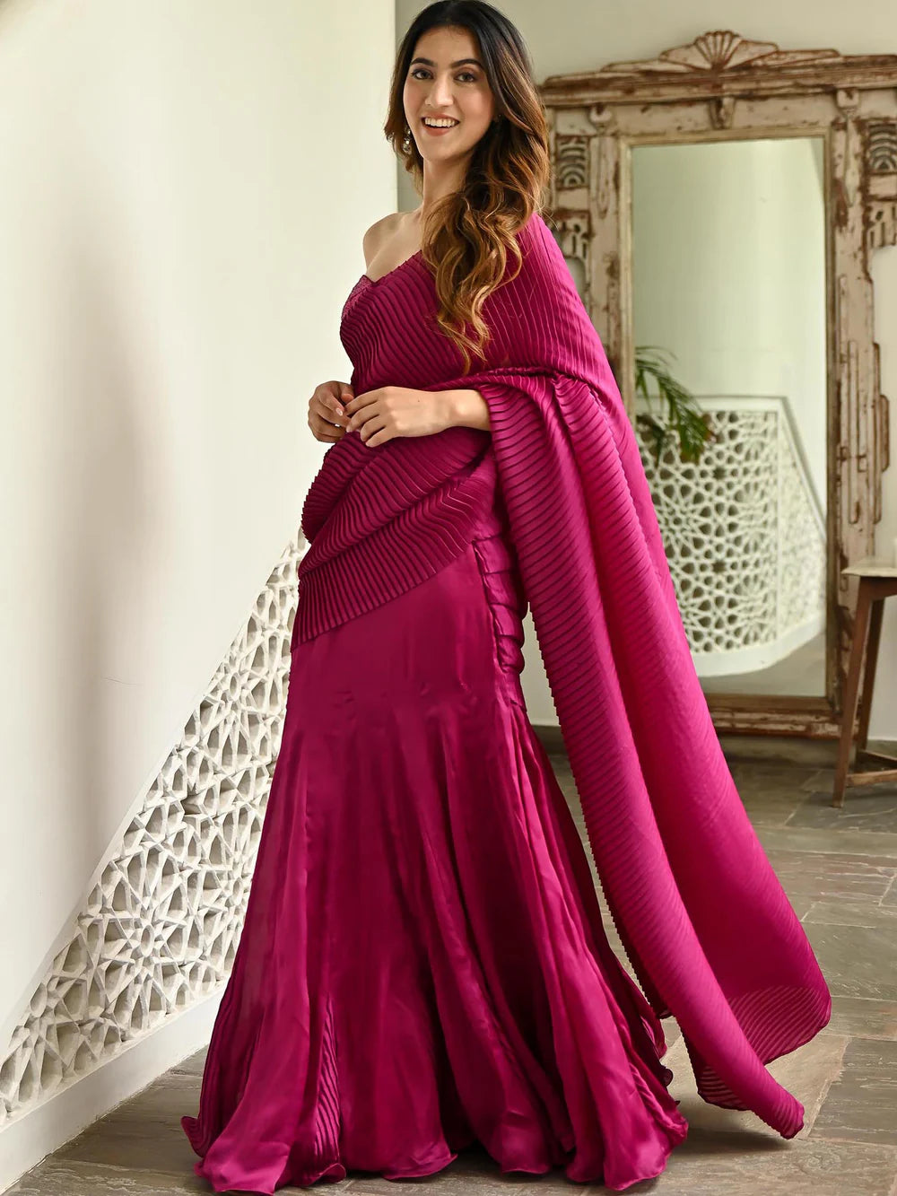 Satin Pink Embellished Pleated Saree