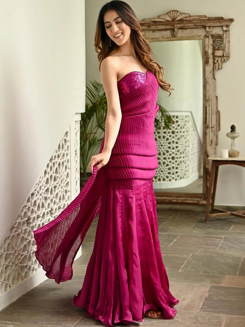Satin Pink Embellished Pleated Saree