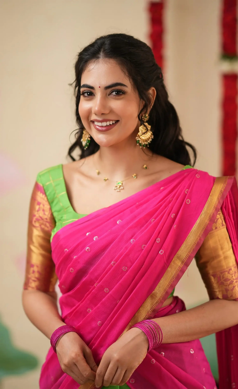 Sayuri Parrot Green & Bright Pink Silk Cotton Half Saree
