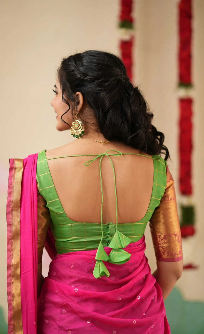 Sayuri Parrot Green & Bright Pink Silk Cotton Half Saree