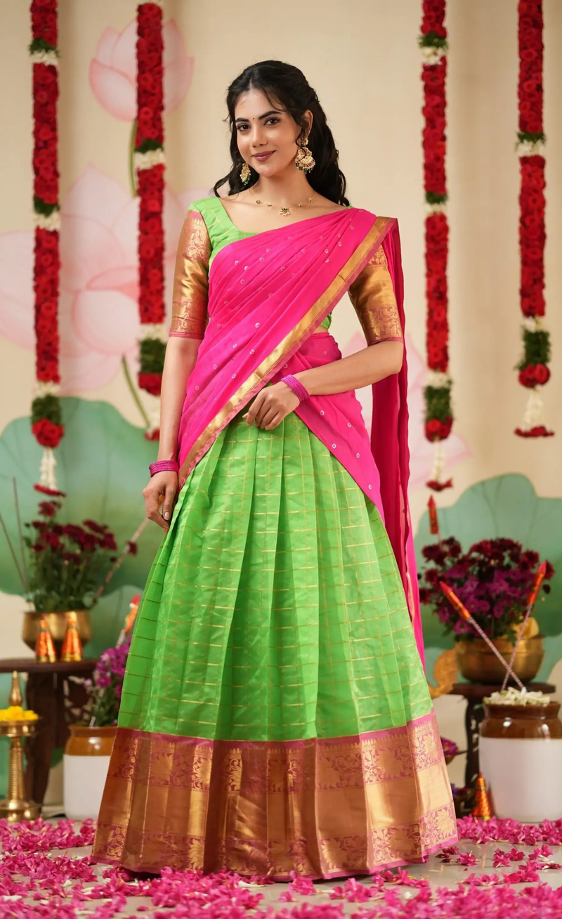 Sayuri Parrot Green & Bright Pink Silk Cotton Half Saree