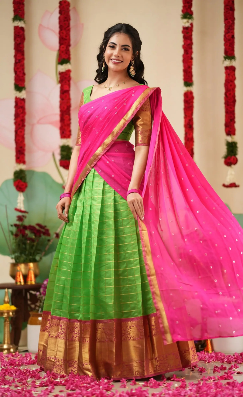 Sayuri Parrot Green & Bright Pink Silk Cotton Half Saree