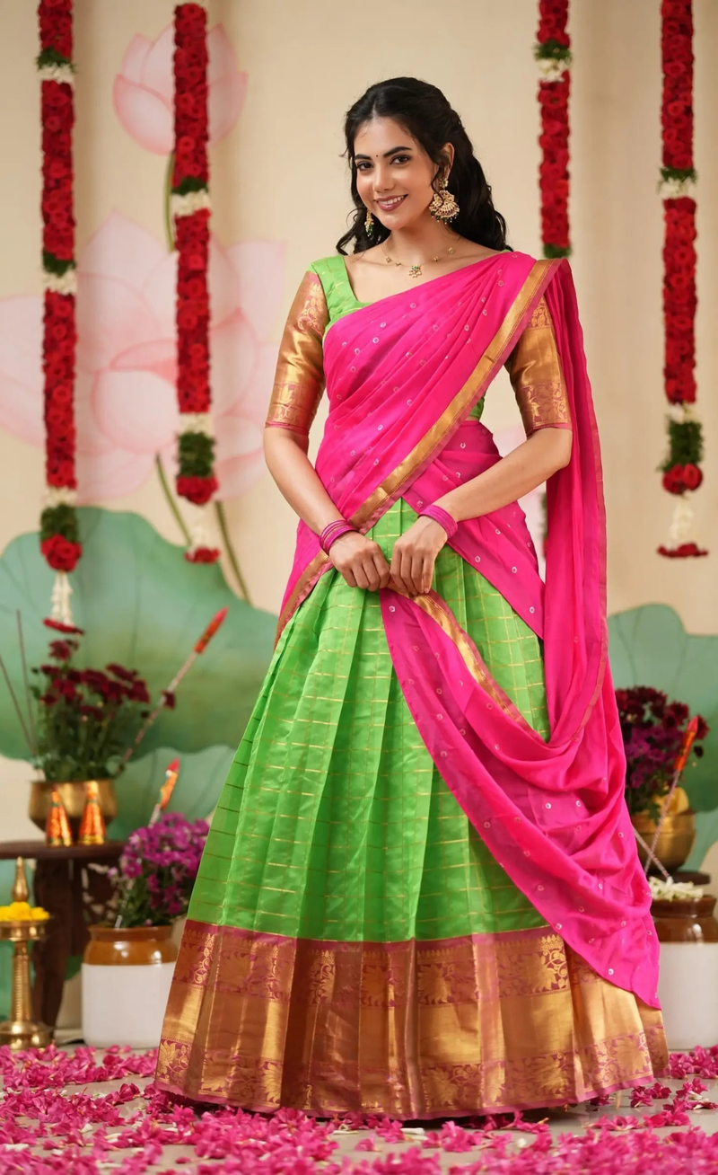 Sayuri Parrot Green & Bright Pink Silk Cotton Half Saree