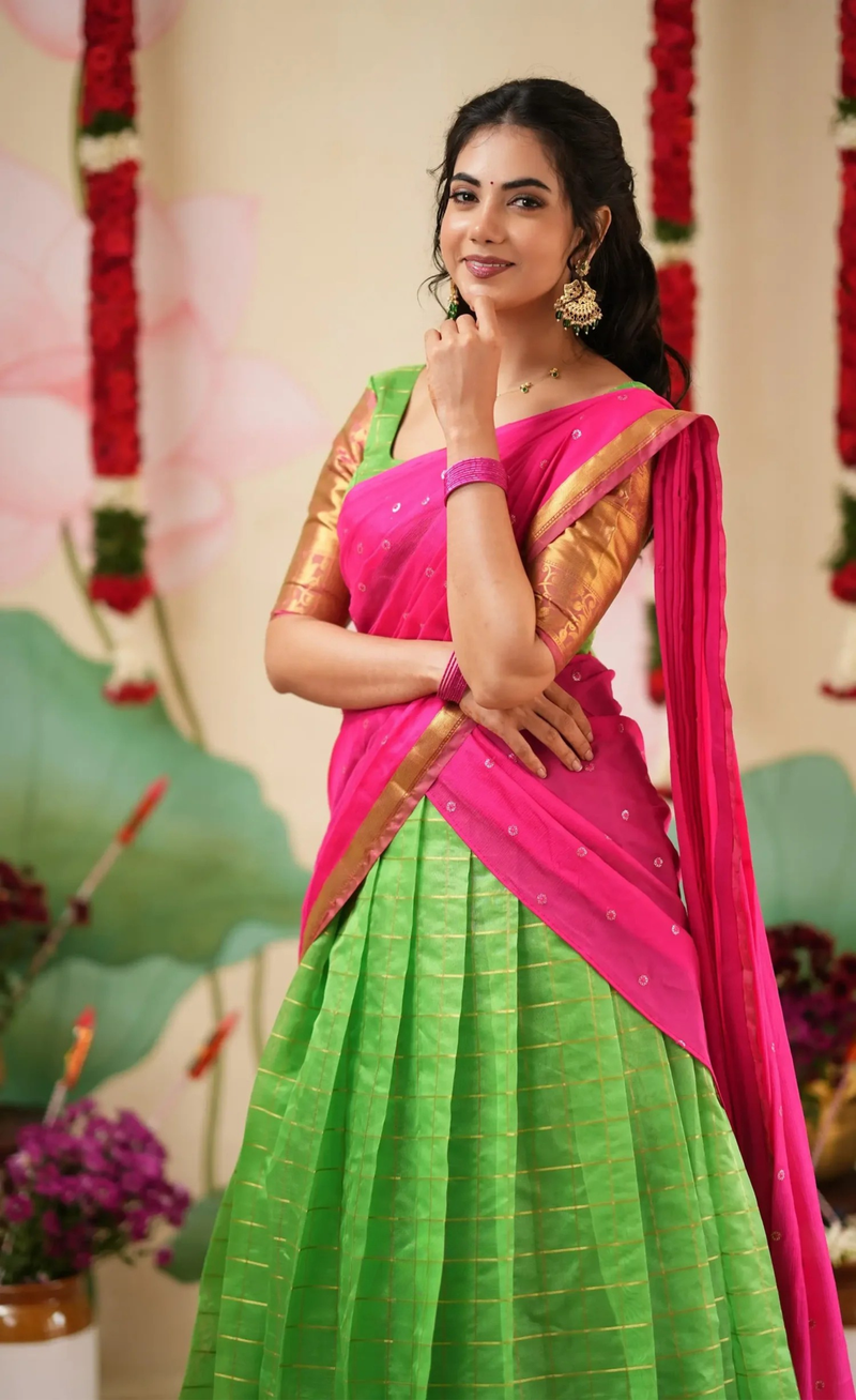 Sayuri Parrot Green & Bright Pink Silk Cotton Half Saree