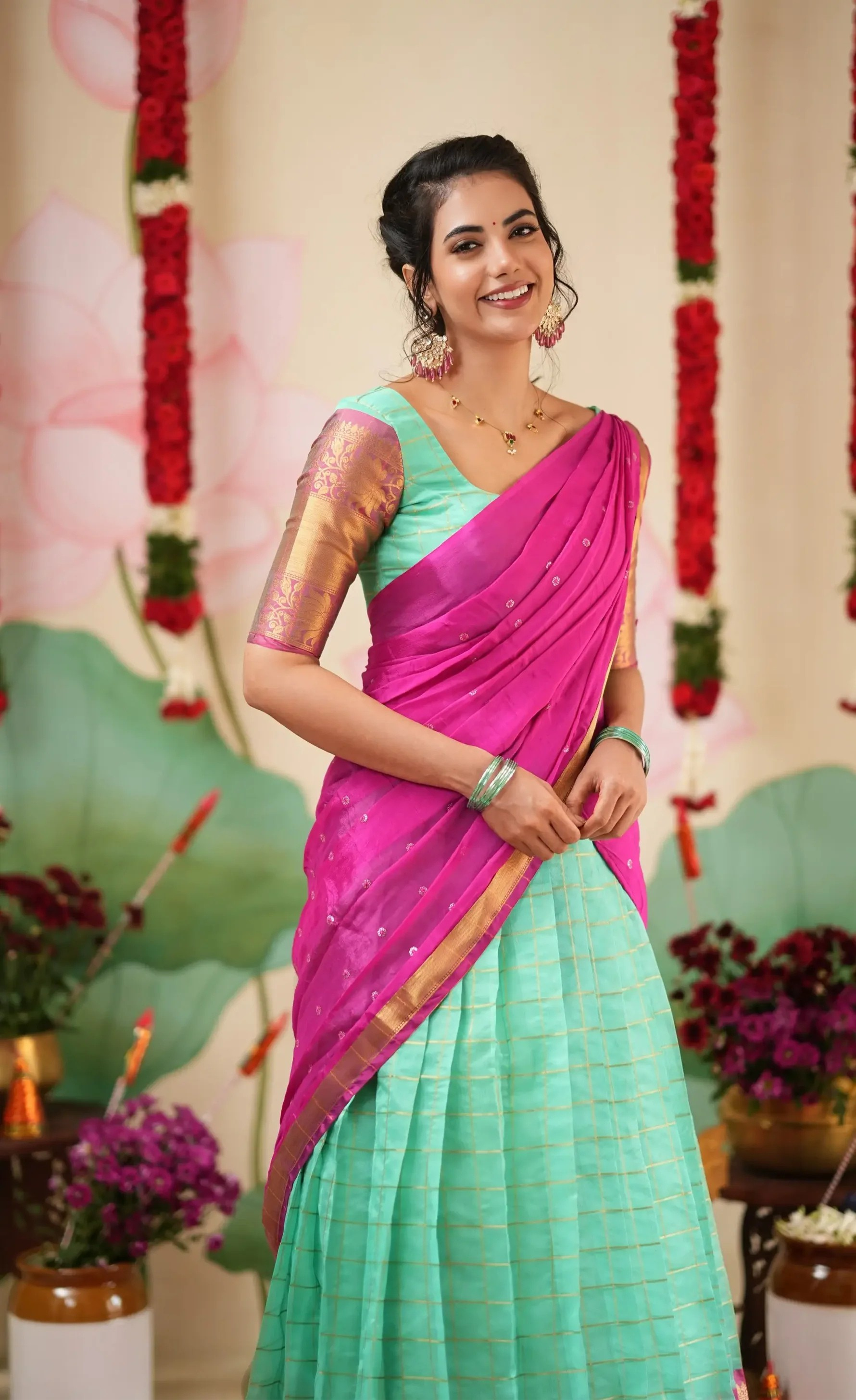 Sayuri Silk Cotton Teal Magenta Half Saree