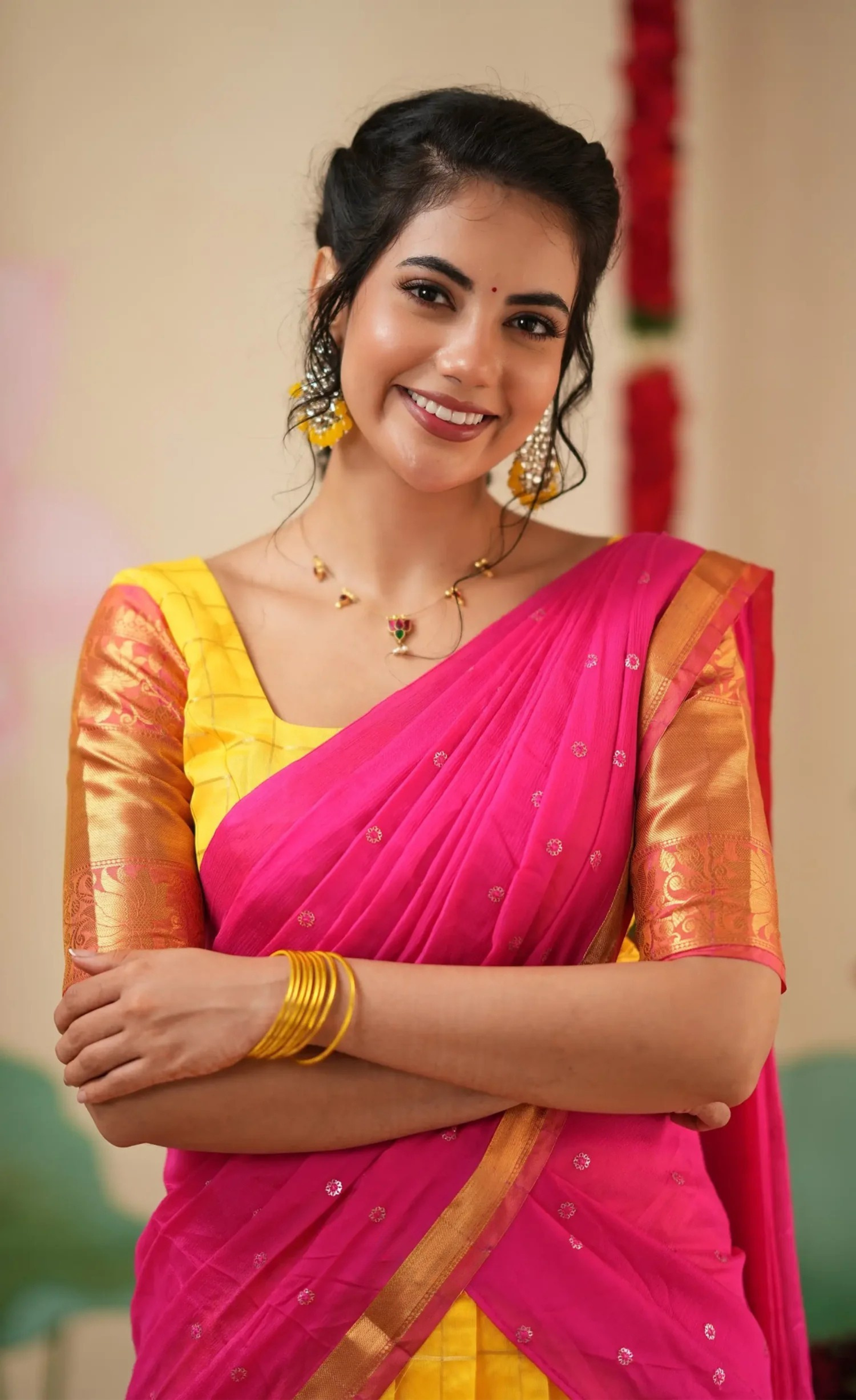 Sayuri Yellow & Bright Pink Silk Cotton Half Saree