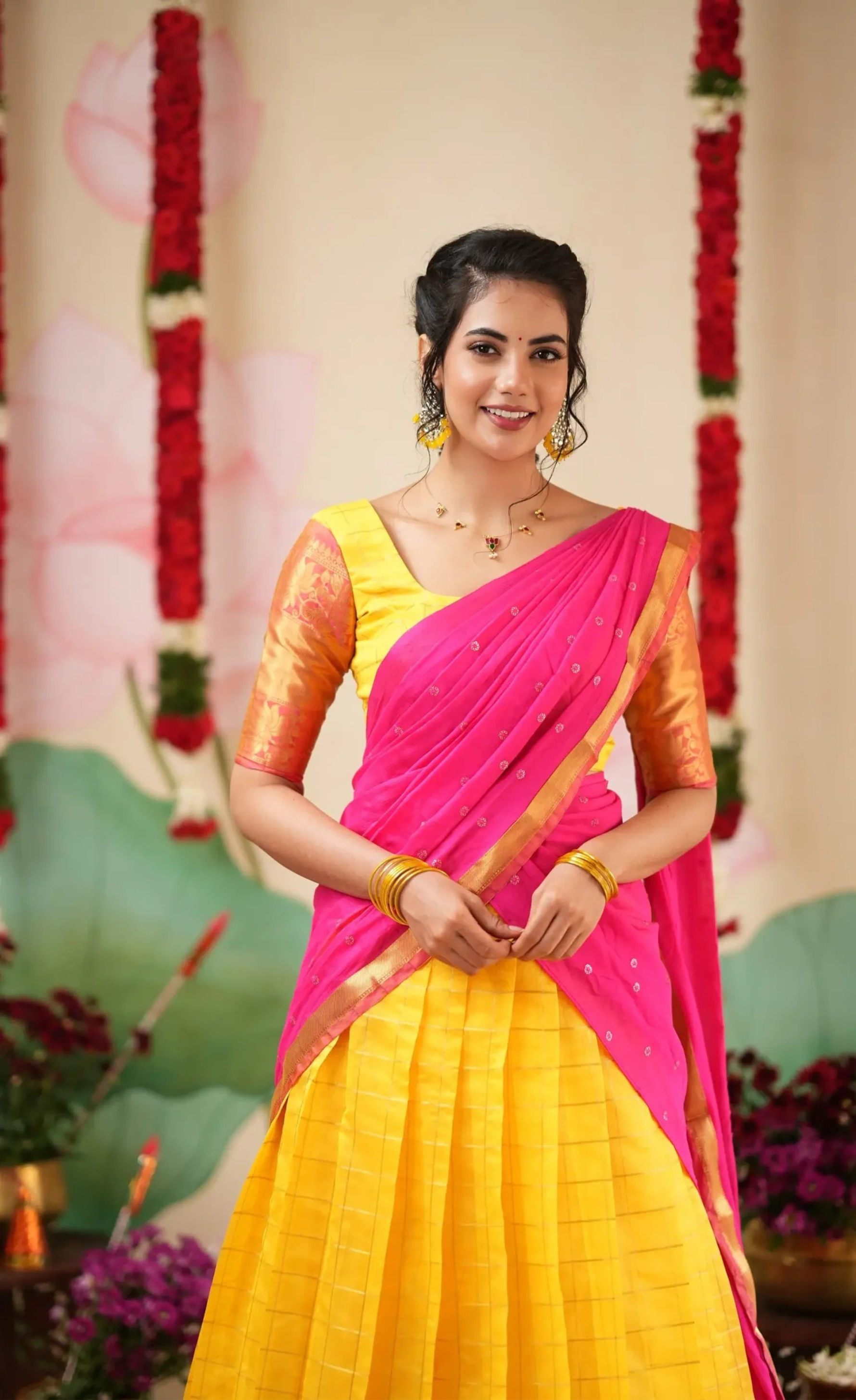 Sayuri Yellow & Bright Pink Silk Cotton Half Saree