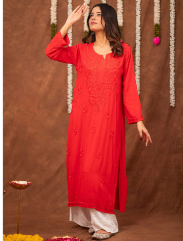 The Chikan Label Women Floral Embroidered Thread Work Chikankari Straight Kurta