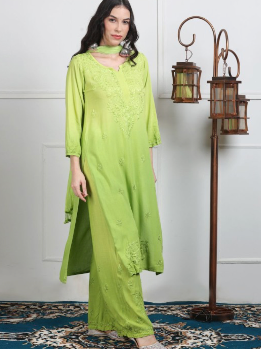 Women Embroidered Regular Chikankari Kurta with Palazzos & With Dupatta