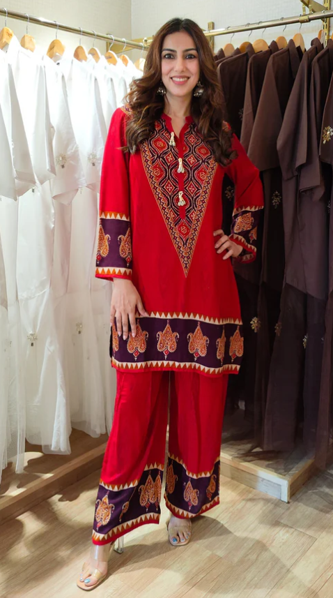 Red Ethnic V-Neck Co-ord Set with Paisley Border Detailing