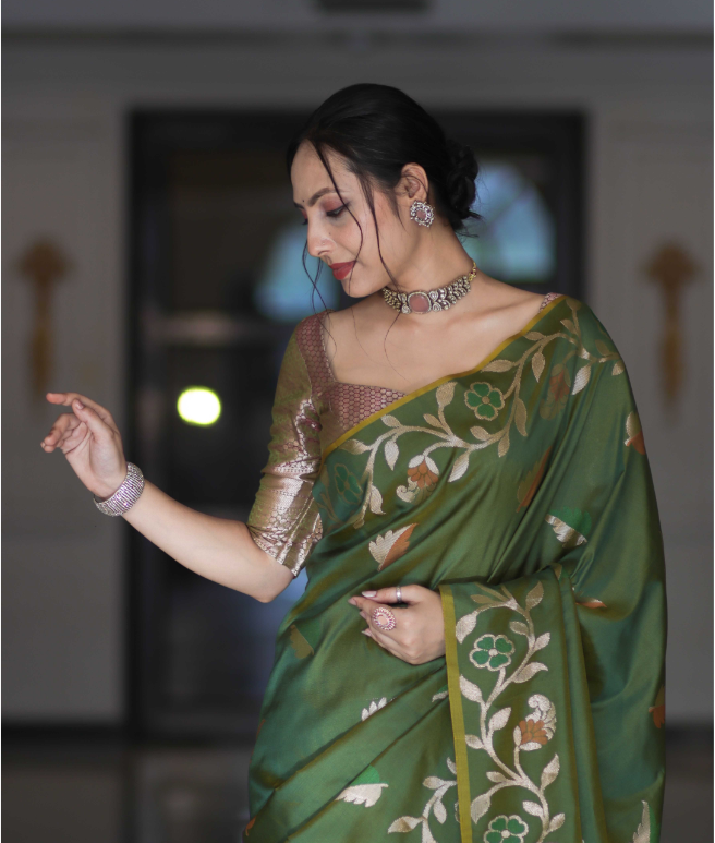 Emerald Zari Floral Banarasi Saree