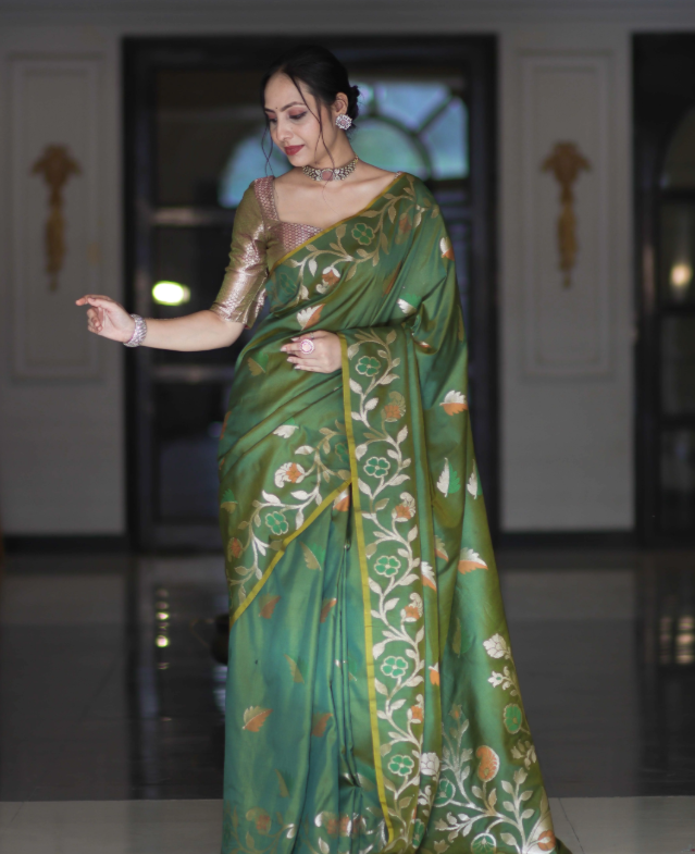 Emerald Zari Floral Banarasi Saree