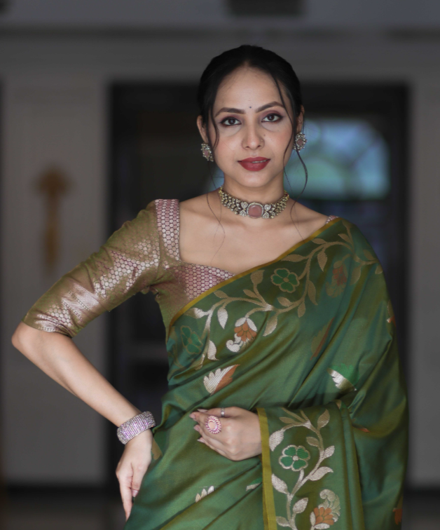 Emerald Zari Floral Banarasi Saree