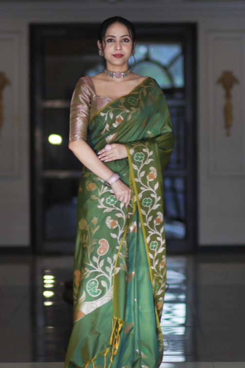 Emerald Zari Floral Banarasi Saree