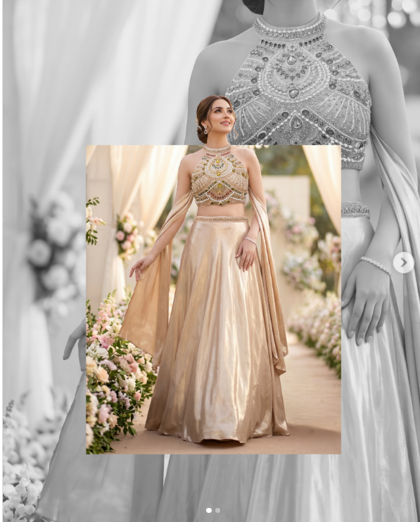 Champagne Beige Embellished Halter Lehenga Set with Cape Dupatta