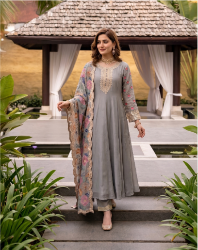 Grey Embroidered Anarkali Suit Set with Floral Dupatta