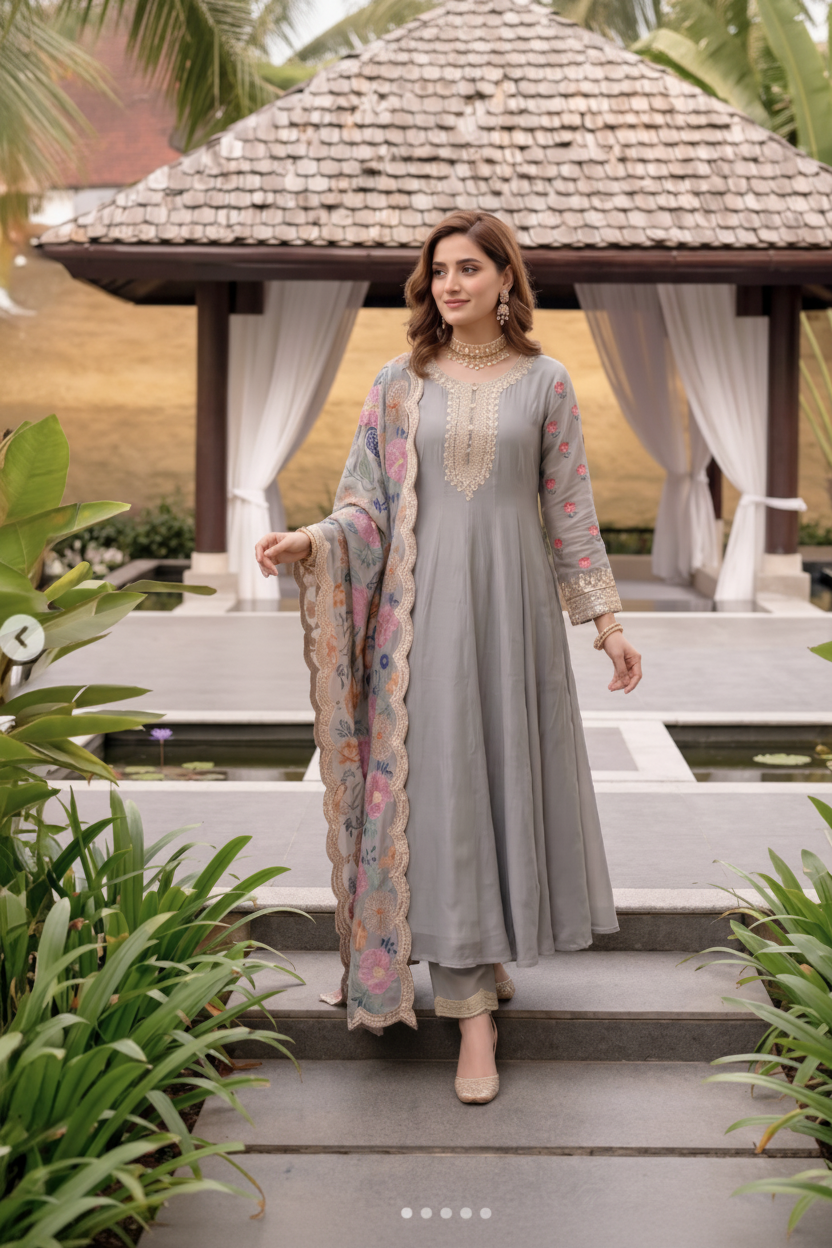 Grey Embroidered Anarkali Suit Set with Floral Dupatta
