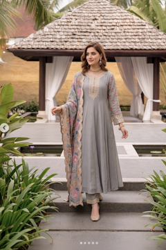 Grey Embroidered Anarkali Suit Set with Floral Dupatta