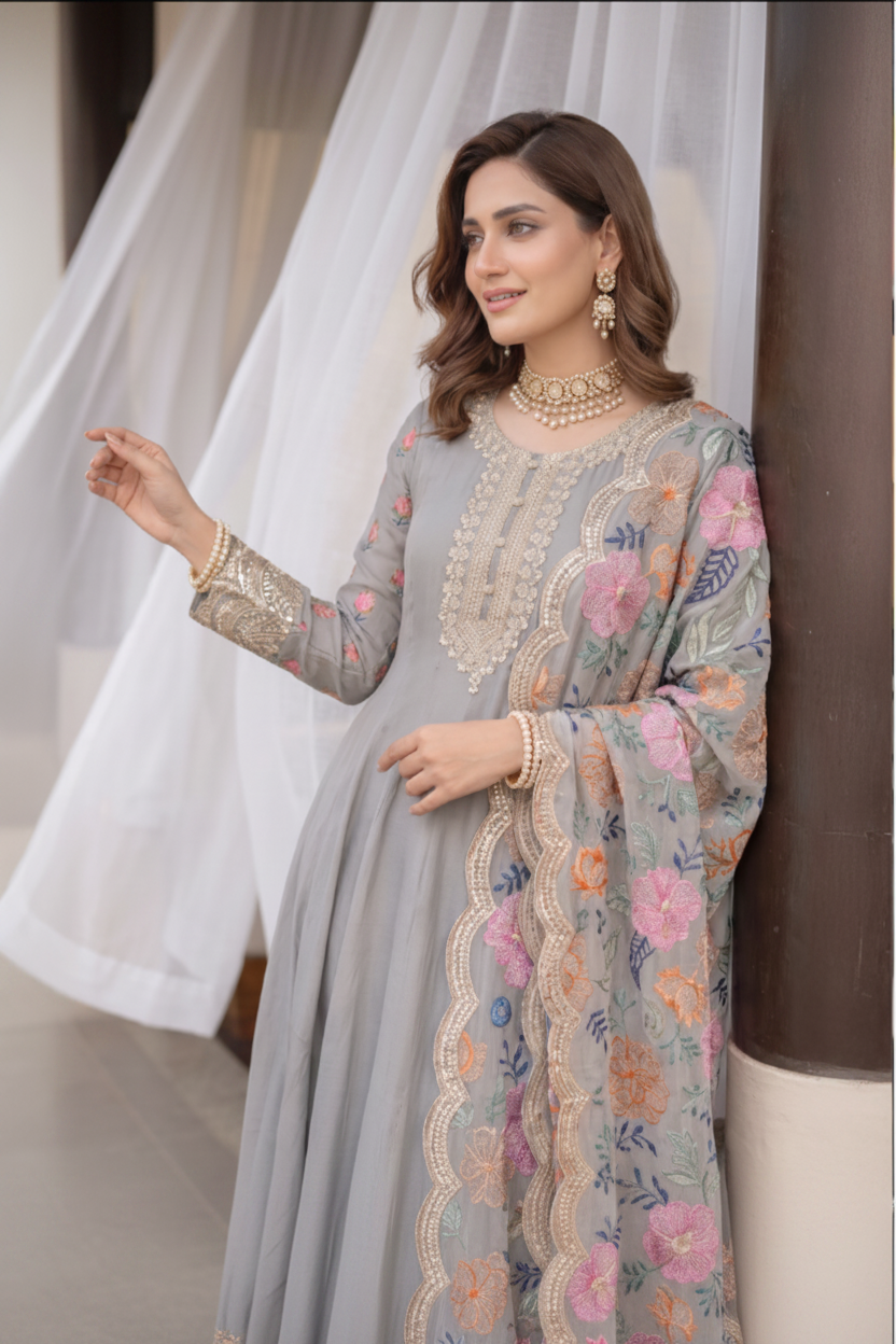 Grey Embroidered Anarkali Suit Set with Floral Dupatta