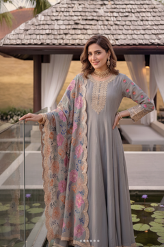 Grey Embroidered Anarkali Suit Set with Floral Dupatta