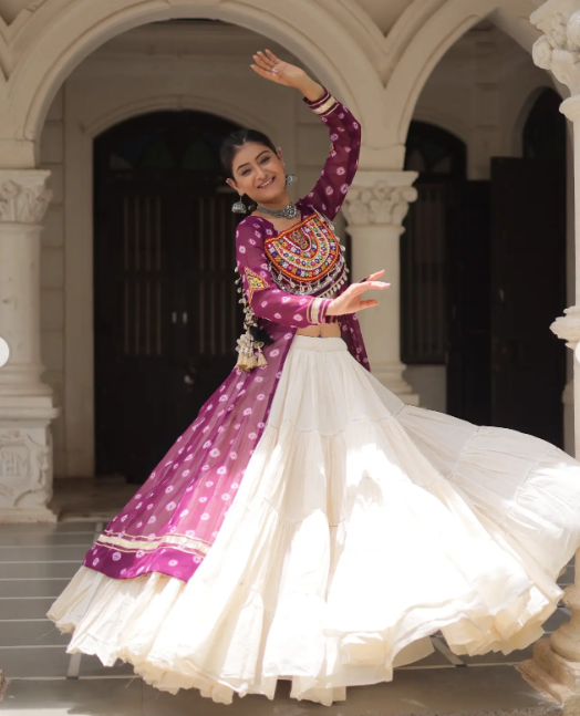 Navratri Royal  Embroidered Jacket Lehenga Set with White Flared Skirt