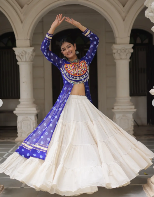 Navratri Royal  Embroidered Jacket Lehenga Set with White Flared Skirt