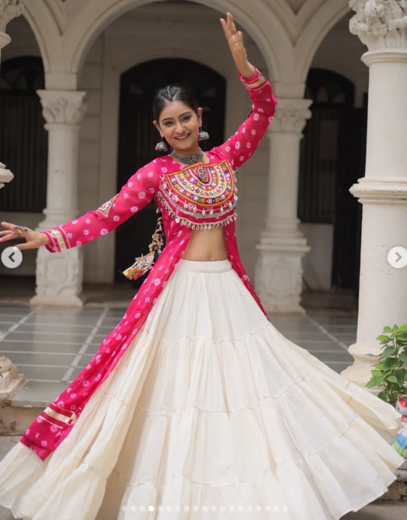 Navratri Royal  Embroidered Jacket Lehenga Set with White Flared Skirt