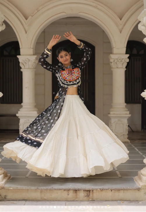 Navratri Royal  Embroidered Jacket Lehenga Set with White Flared Skirt