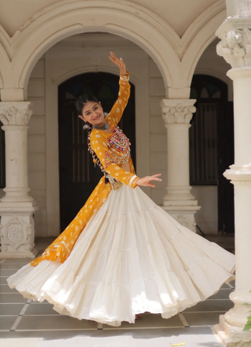 Navratri Royal  Embroidered Jacket Lehenga Set with White Flared Skirt