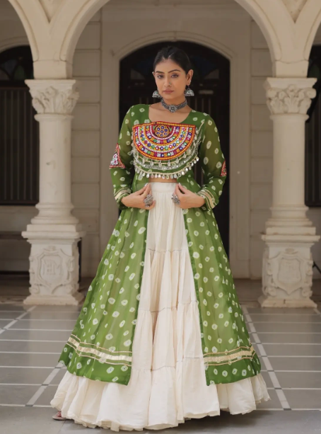 Navratri Royal  Embroidered Jacket Lehenga Set with White Flared Skirt