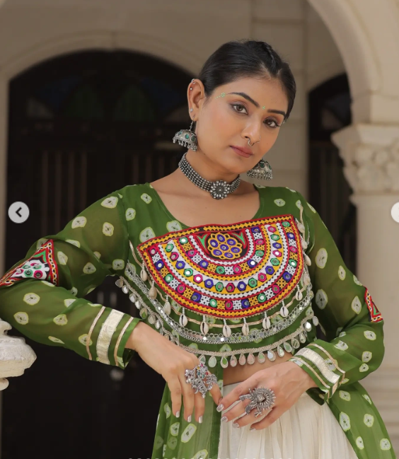 Navratri Royal  Embroidered Jacket Lehenga Set with White Flared Skirt
