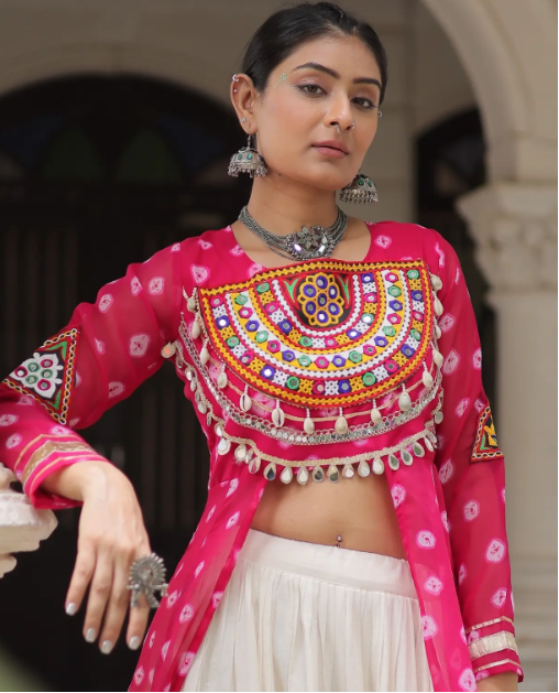 Navratri Royal  Embroidered Jacket Lehenga Set with White Flared Skirt